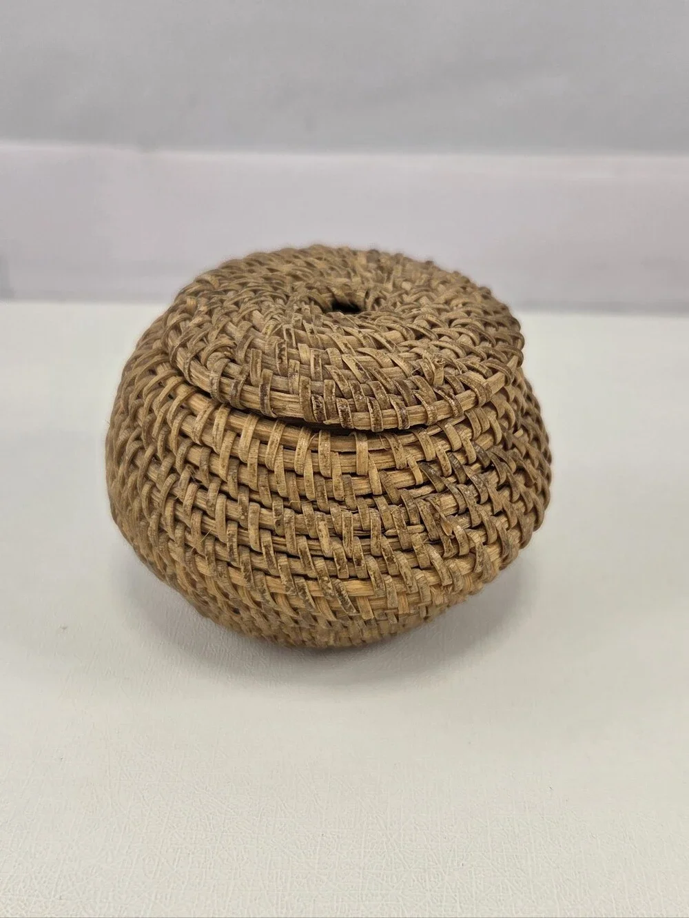 Vintage Miniature Basket, Woven Rattan Lidded Coiled String Holder